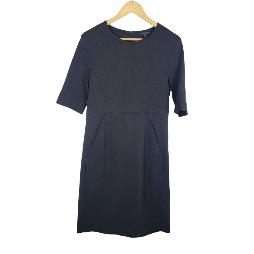 COS Navy Blue Short Sleeve Dress (Size 12) - Front Pockets & Back Zip